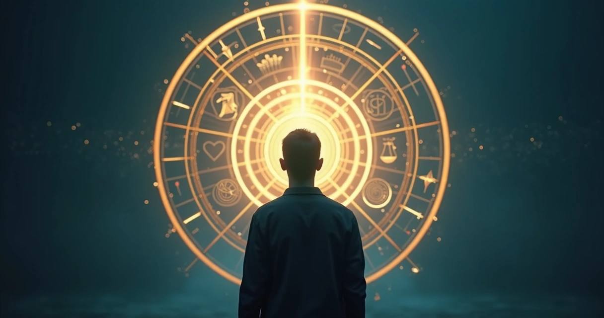 Human silhouette surrounded by symbolic archetypal patterns and light 