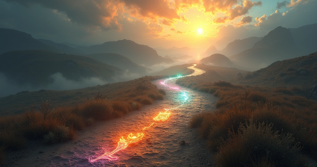 Abstract representation of a life journey with archetypal symbols along a path 