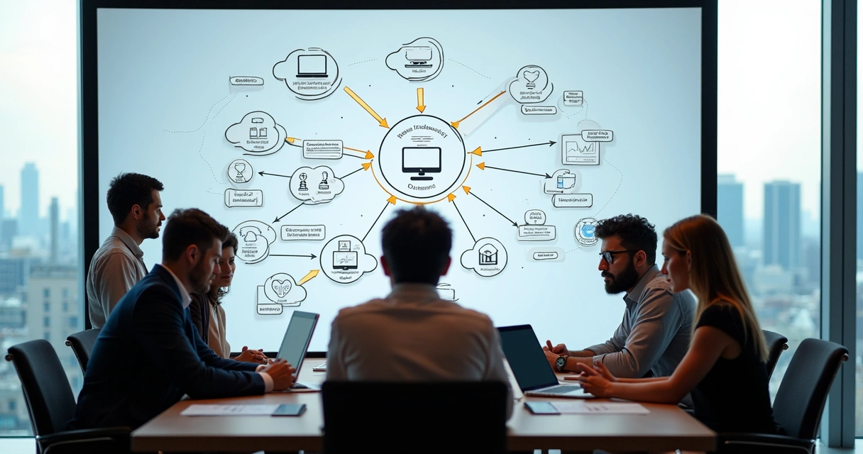 Software architecture team planning with whiteboard 