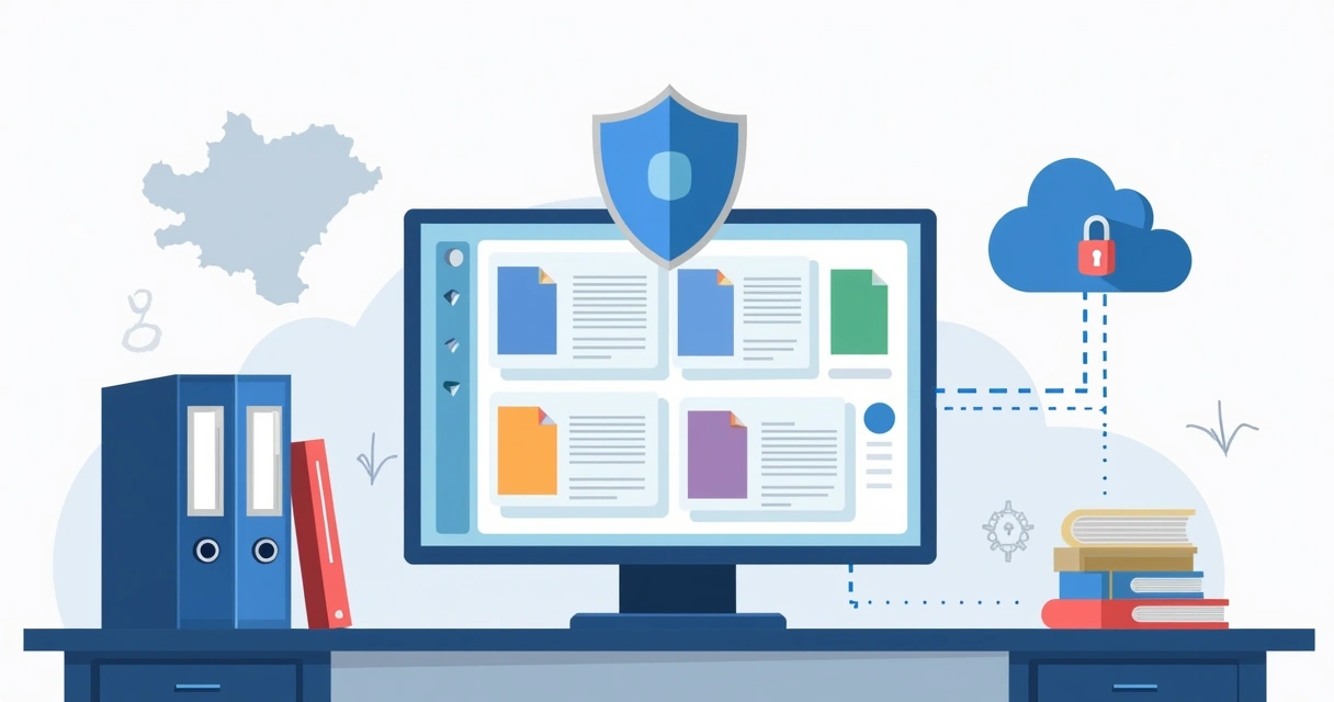 Oficina ordenada con archivo digital y físico de documentos laborales 