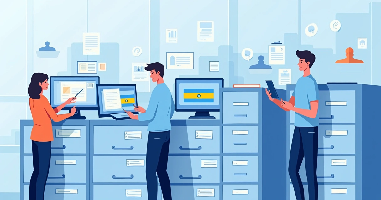 Estantes digitales llenos de archivos ordenados en una oficina moderna