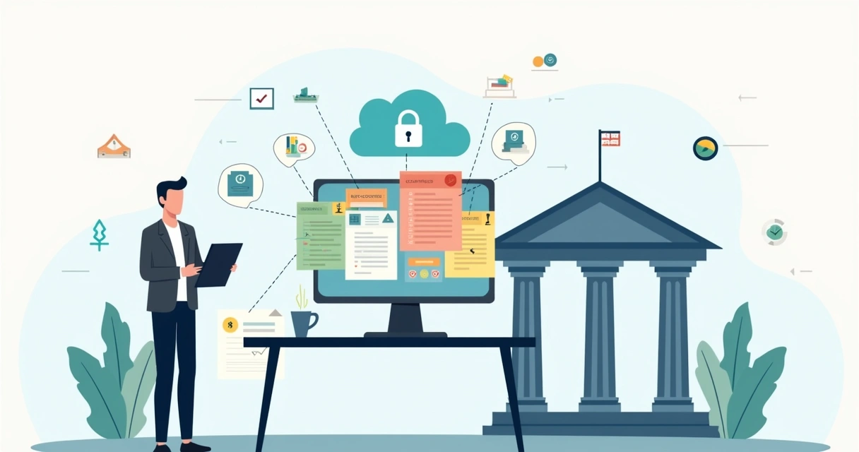 Ilustración de expedientes laborales digitales organizados en una nube segura 