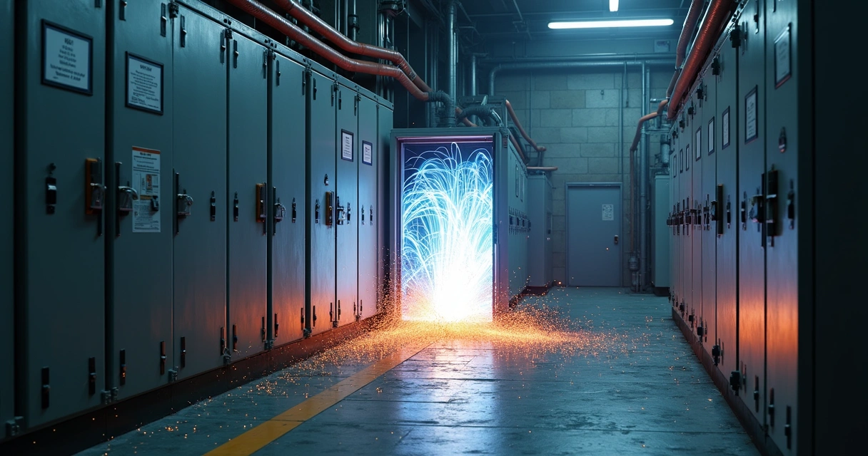 Arco el&eacute;trico saindo de um painel industrial aberto 