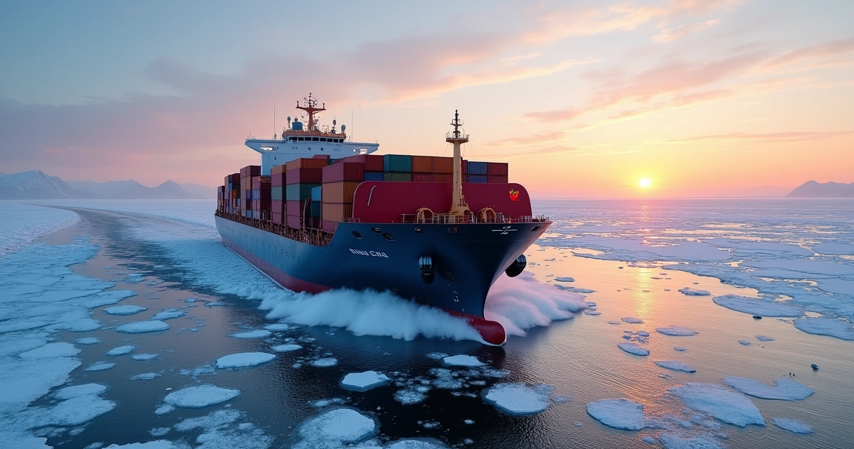Container ship breaking through arctic sea ice on the NSR route at sunset.