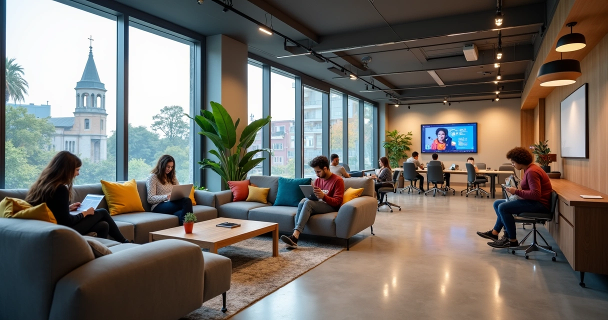 Sala de convivência estudantil moderna com alunos usando notebooks e conversando 