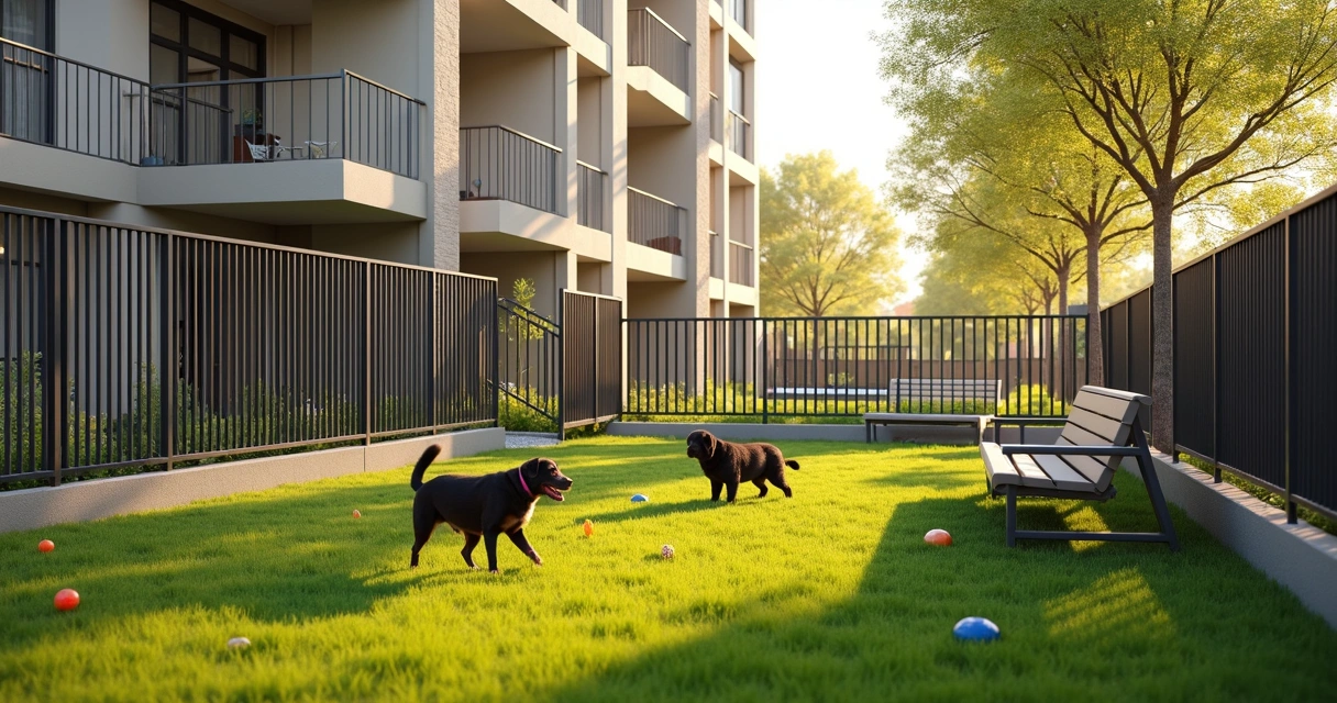 Área comum de prédio com espaço para pets e brinquedos 