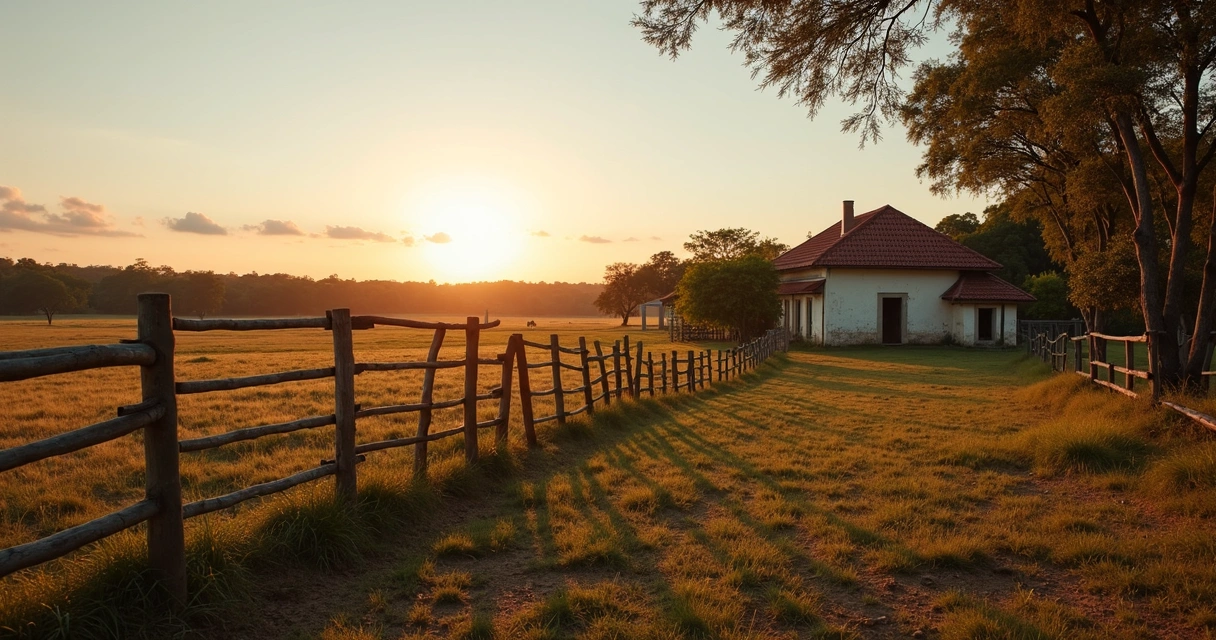 Vista lateral de propriedade rural com pastagem, cercas e pequena faixa de mata nativa ao fundo 