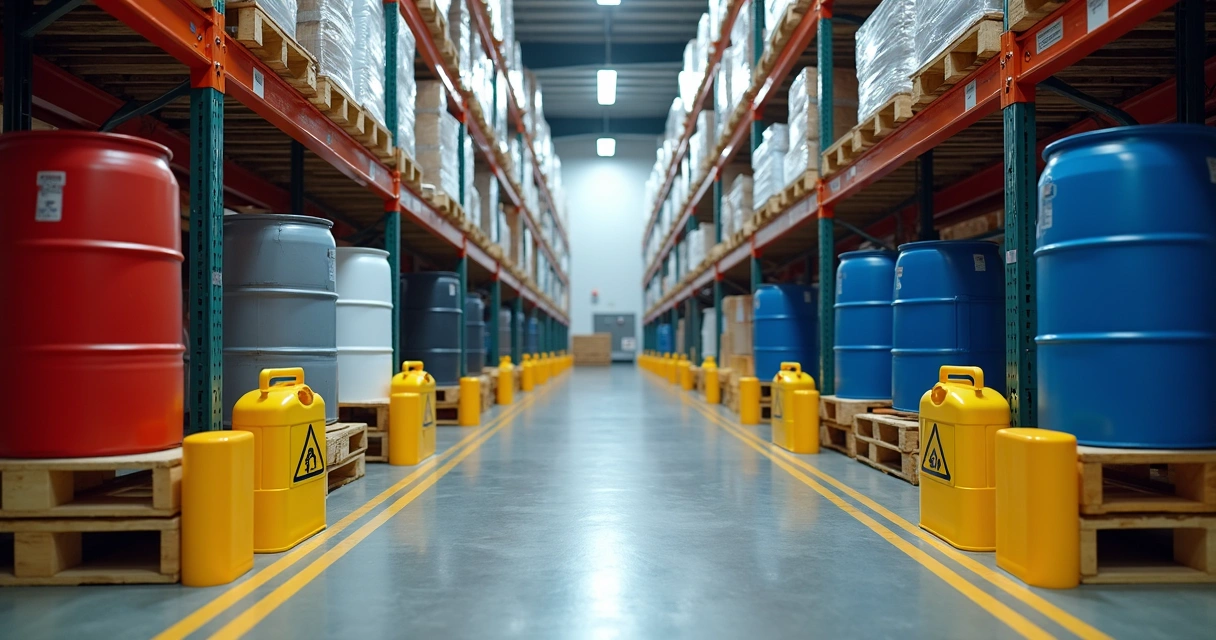 Área de contenção com bombonas químicas sobre pallets