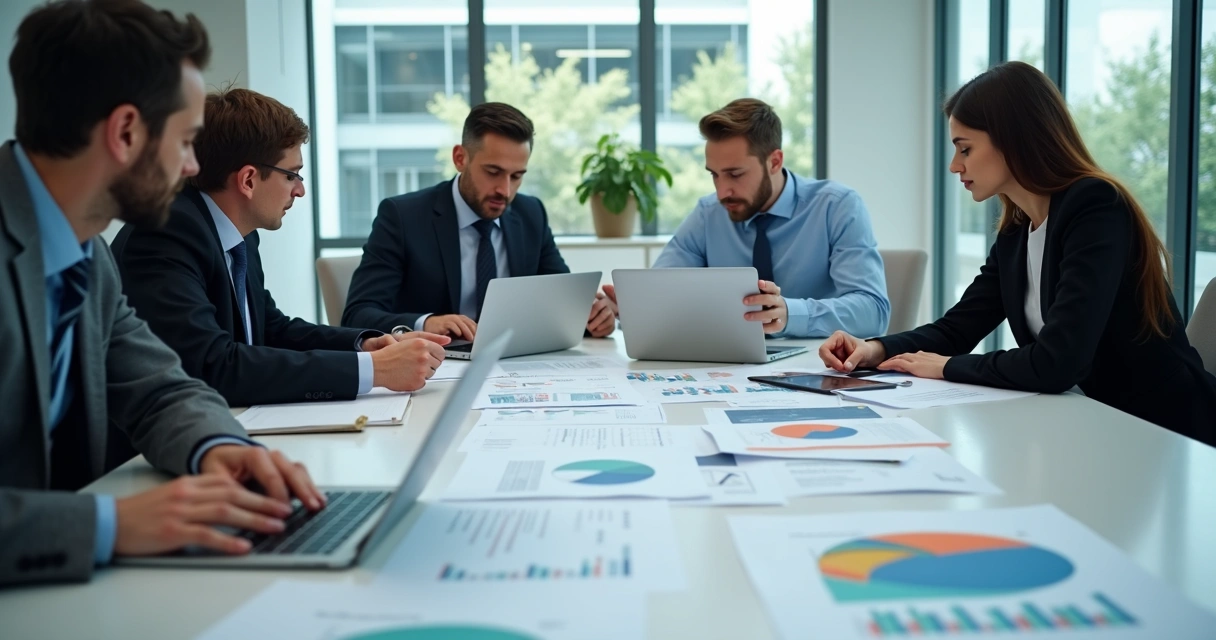 Equipe analisando relatórios financeiros em mesa de reunião 