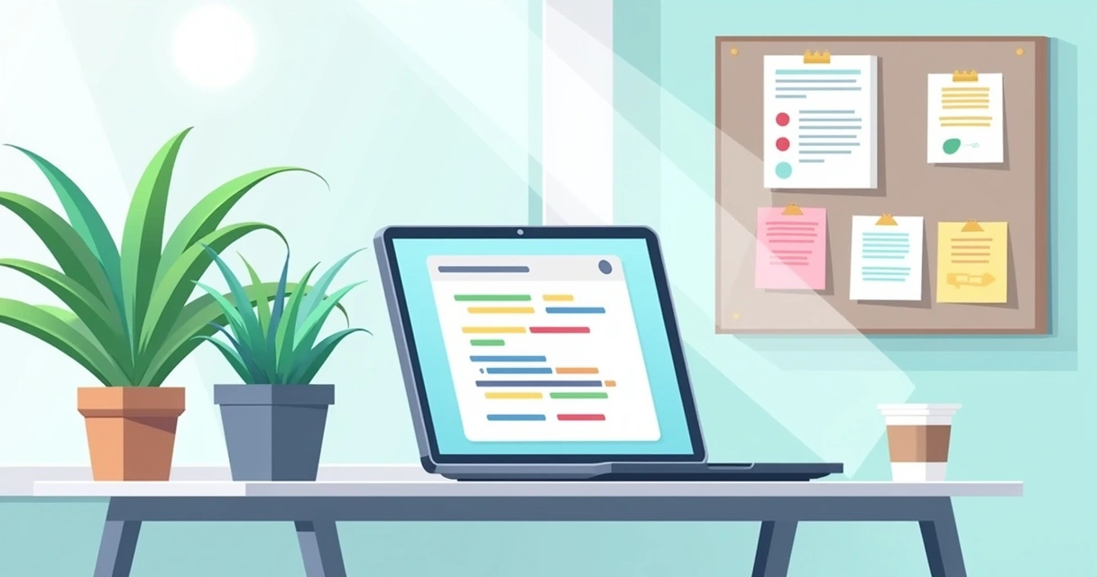 Área de trabalho digital com laptop exibindo Flutter IDE, planta, xícara de café e quadro de avisos.