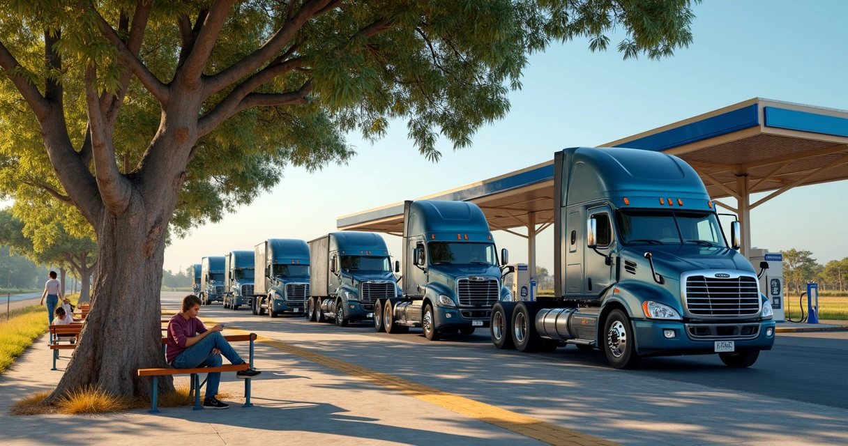 Área de descanso para caminhoneiros ao lado do posto com caminhões estacionados 