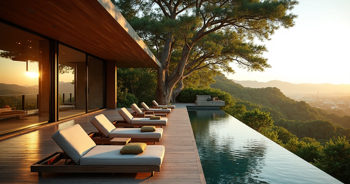 Área externa da Casa Kairós Spa com arquitetura moderna e árvores verdes 