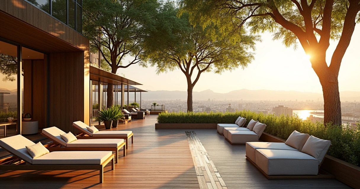 Área externa de spa urbano com arquitetura moderna, árvores e espaço de relaxamento