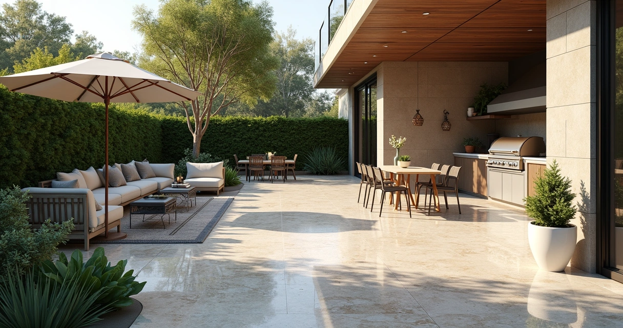 Área externa residencial com piso de granito e jardim lateral 