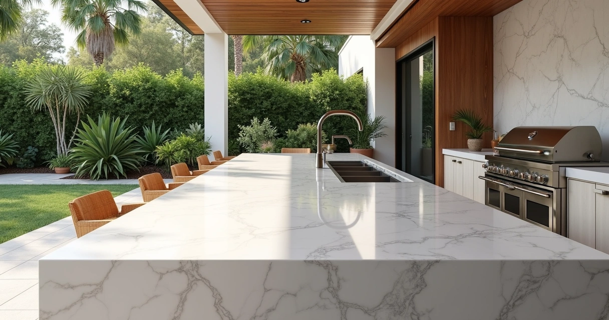 Área gourmet externa com bancada de quartzito branco e churrasqueira ao fundo 