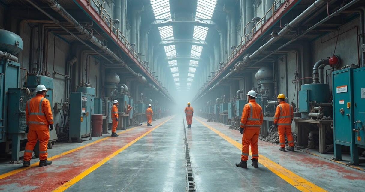 Área industrial com demarcações de zonas e partículas de poeira no ar 