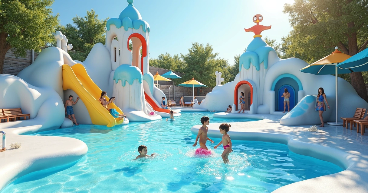 Área infantil de parque aquático com escorregadores baixos e sombra