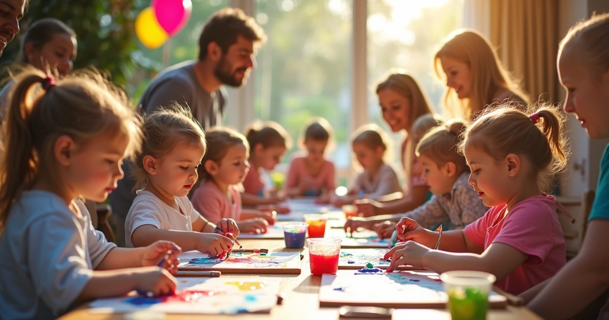 Crianças pintando juntos em área de pintura interativa durante festa de aniversário 