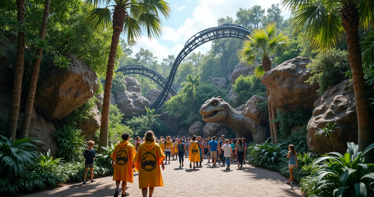 VelociCoaster em área temática de Jurassic Park com trilhos e dinossauro ao fundo 