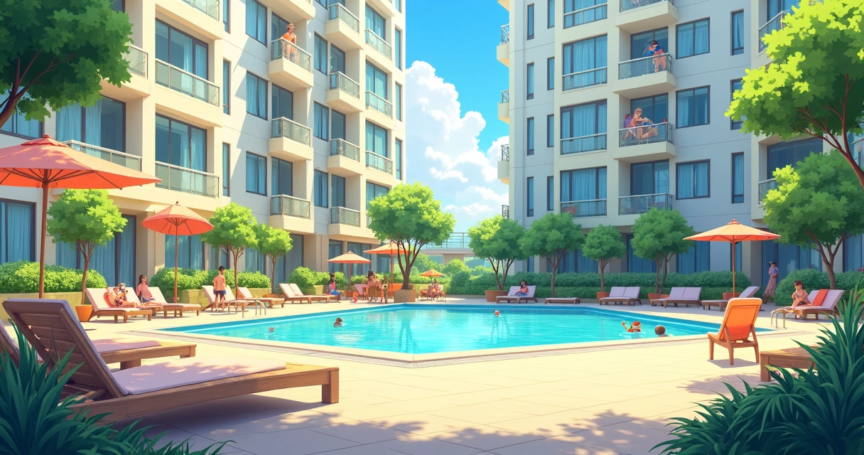 Área de lazer comum de condomínio com piscina, playground e plantas