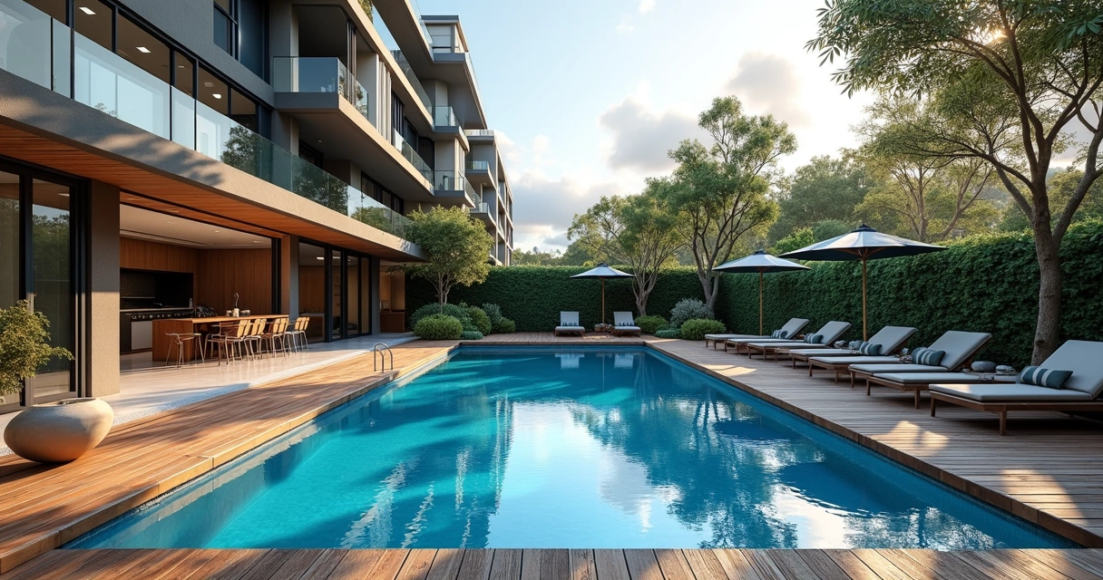 Piscina e salão de festas em condomínio moderno de Campinas 