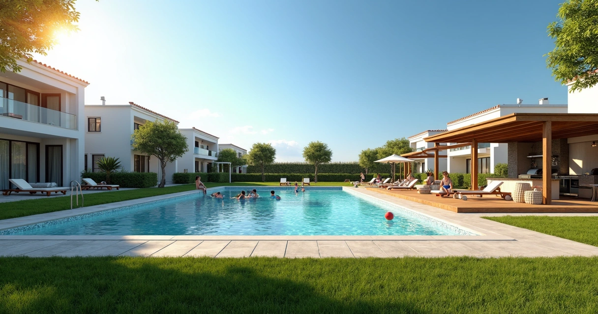 Área de lazer com piscina e gramado em condomínio de Paulínia 