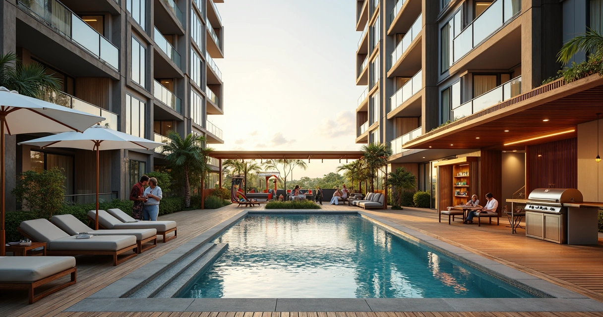 Área de lazer moderna em condomínio vertical com piscina e espaço de convivência 