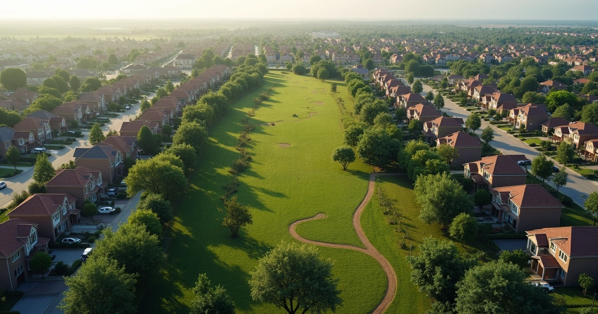 Vista aérea de loteamento com área verde preservada 