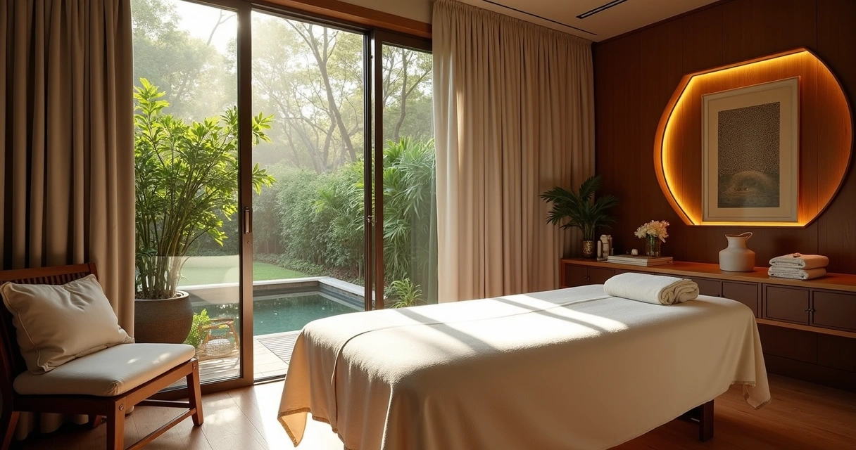 Sala de massagem sofisticada com luz suave, cama de massagem e vista para jardim interno
