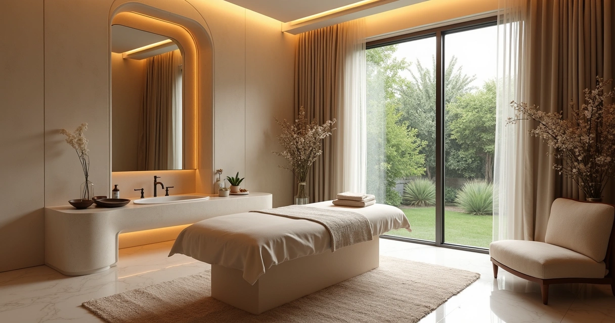 Sala de massagem iluminada e sofisticada com vista para área verde em spa urbano 
