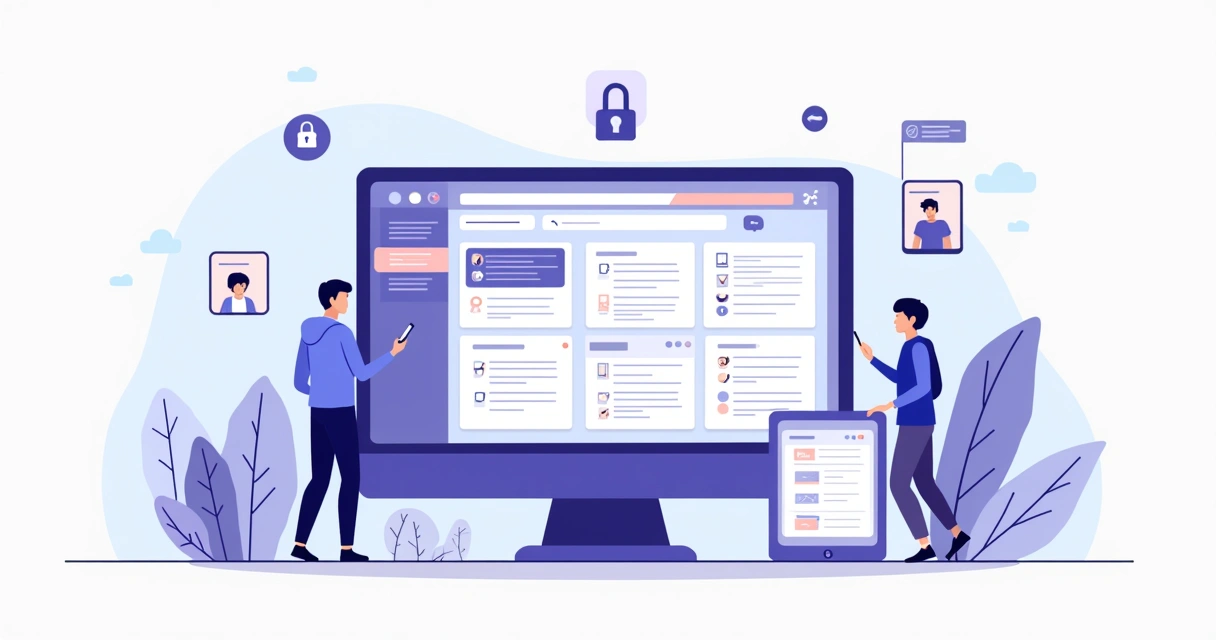 Painel ilustrado de área de membros digital com cursos organizados em 3 níveis 