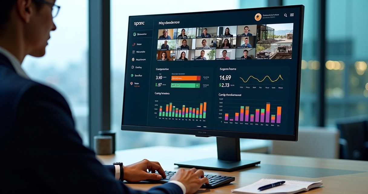 Painel com vídeos gravados, live em andamento e gráficos de engajamento na tela 