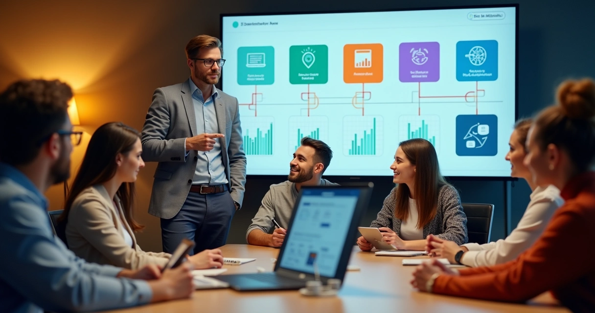 Mentor experiente apresentando área de membros em notebook para grupo de alunos online 