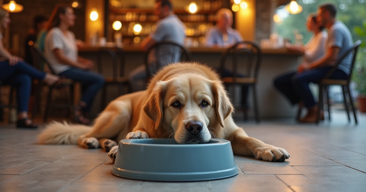 Cão deitado tranquilamente perto de uma tigela de água, ao lado de tutores conversando em mesa externa de bar 