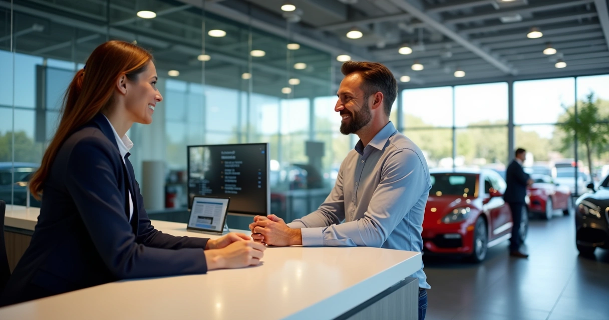 Recepção moderna de oficina premium com atendente sorridente e bancada limpa 