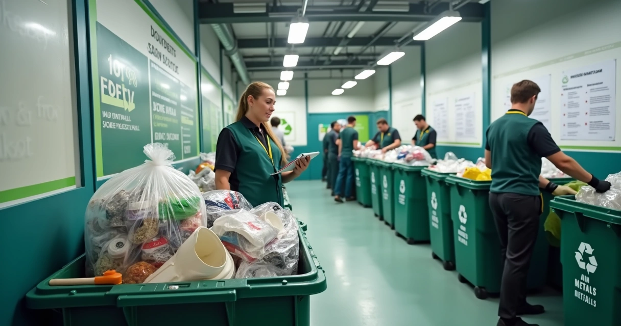 Colaboradores separam resíduos recicláveis em área interna de empresa 