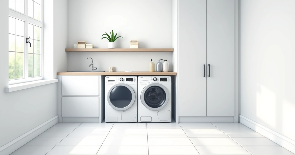 Lavanderia doméstica com lava e seca instalada e ambiente limpo 