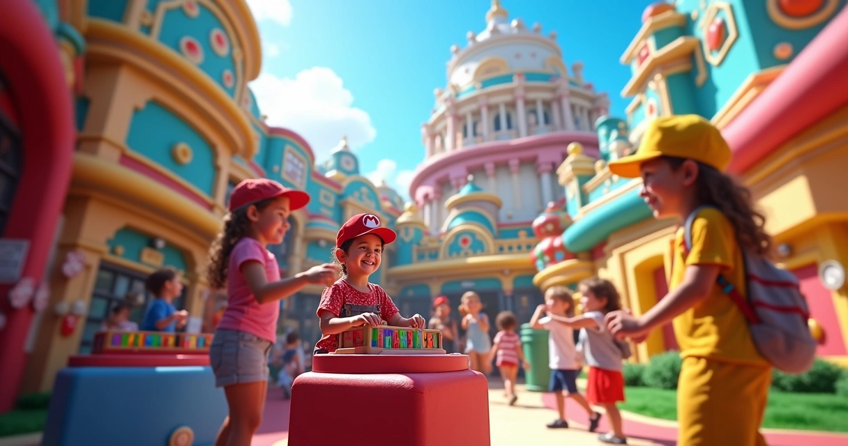 Personagens e visitantes interagindo em área temática do Mario no Epic 