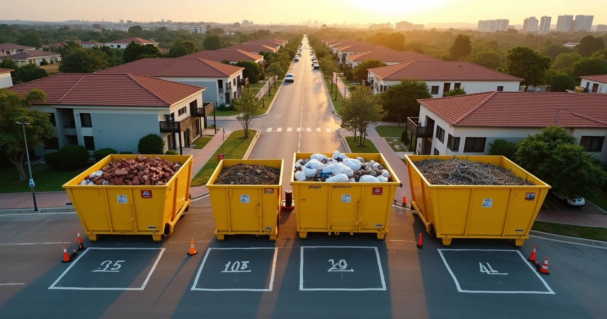 Vista aérea de quadra urbana no DF com caçambas de entulho em vagas demarcadas 