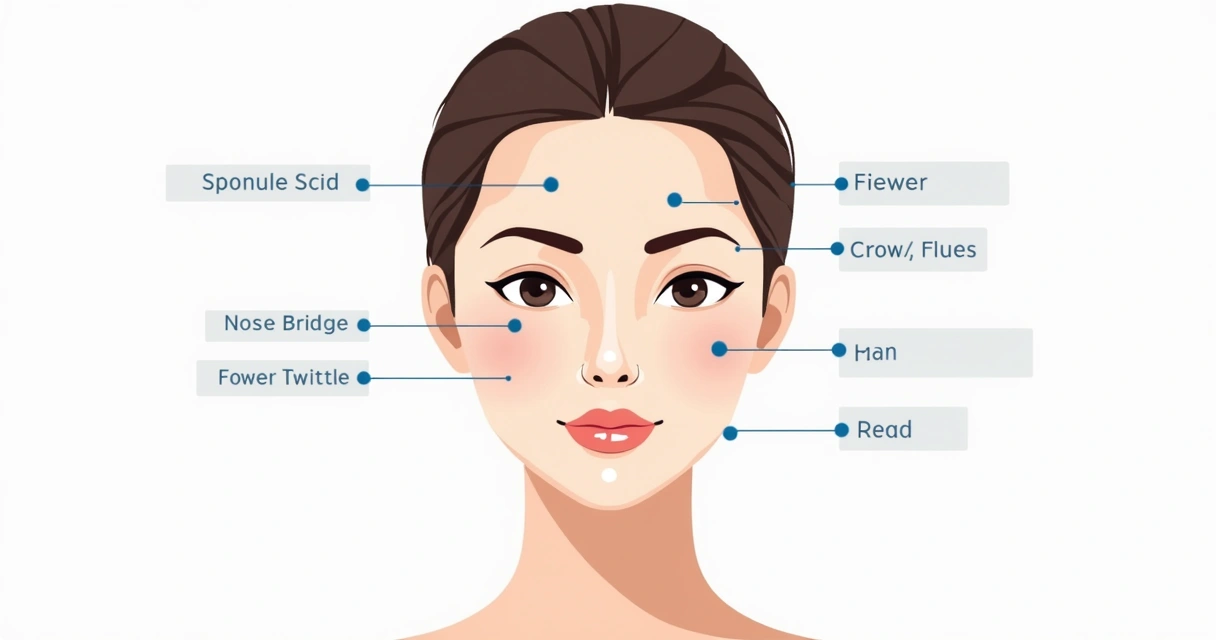 Ilustração com áreas faciais comuns para aplicação de toxina botulínica 
