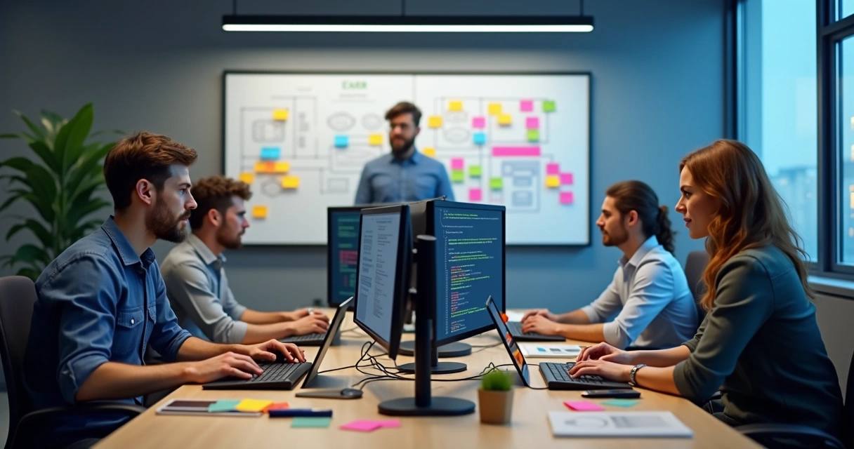 Desenvolvedores trabalhando em diferentes áreas do desenvolvimento de software 