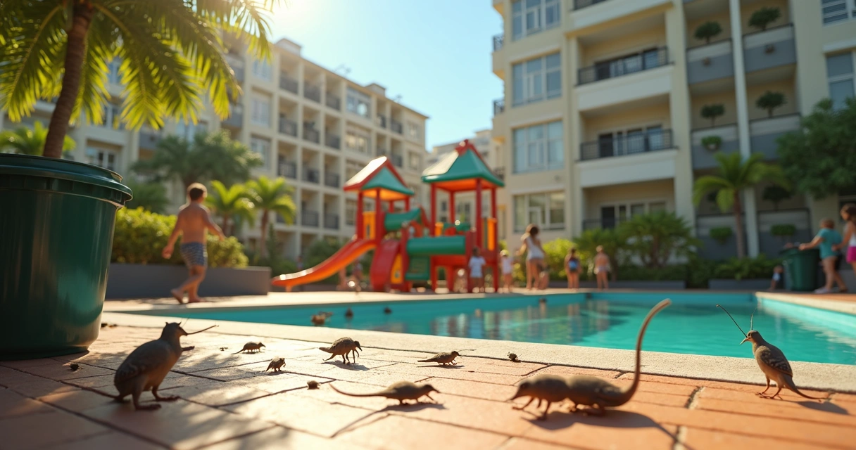 Crianças em área comum de condomínio com sinais de infestação de pragas 