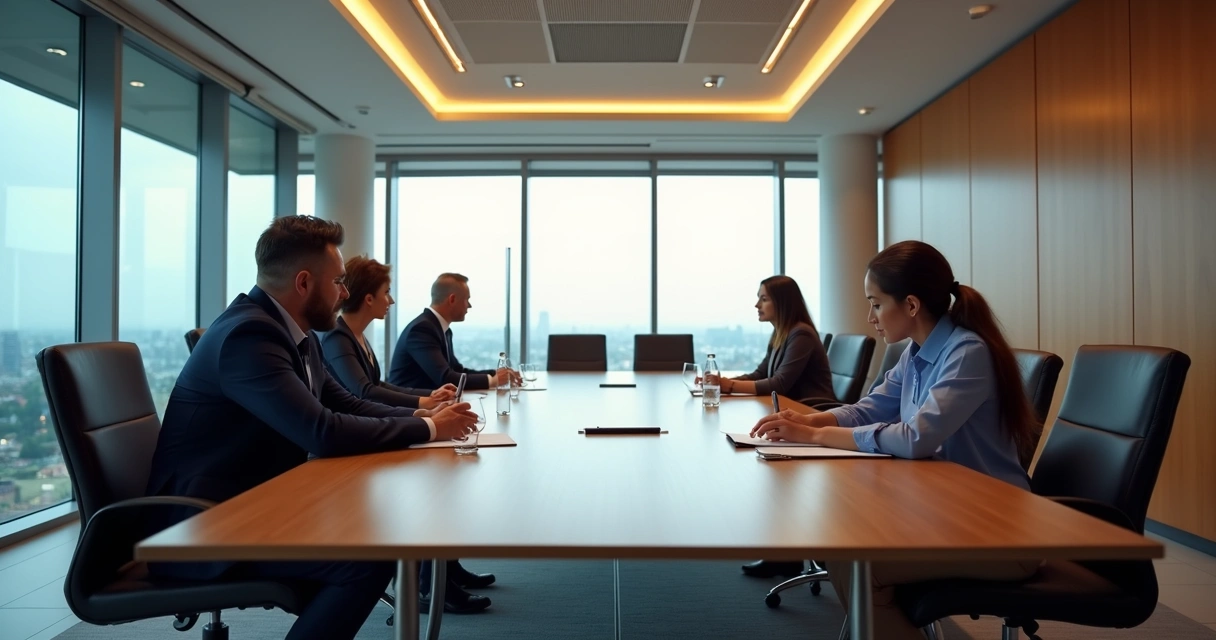 Equipes de diferentes setores afastadas numa grande sala corporativa 