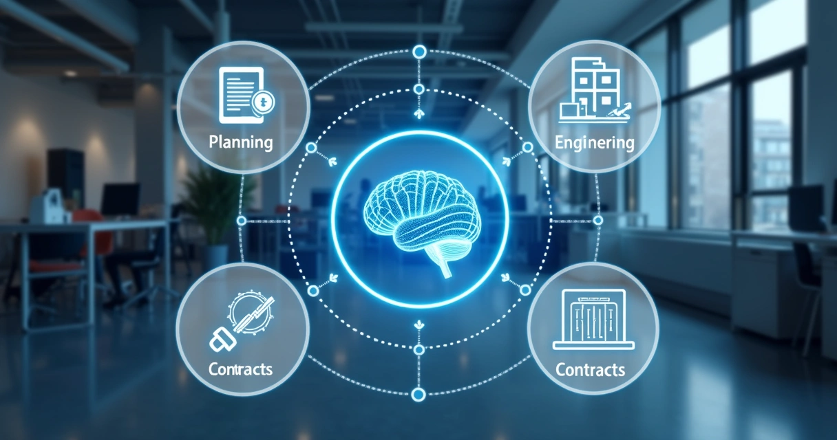 Gráfico mostrando áreas técnicas da construção civil como planejamento, engenharia, suprimentos e contratos conectadas à inteligência artificial 