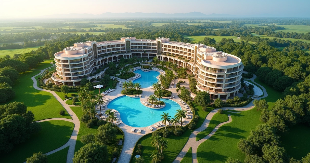 Vista aérea de hotel com amplas áreas verdes ao redor 