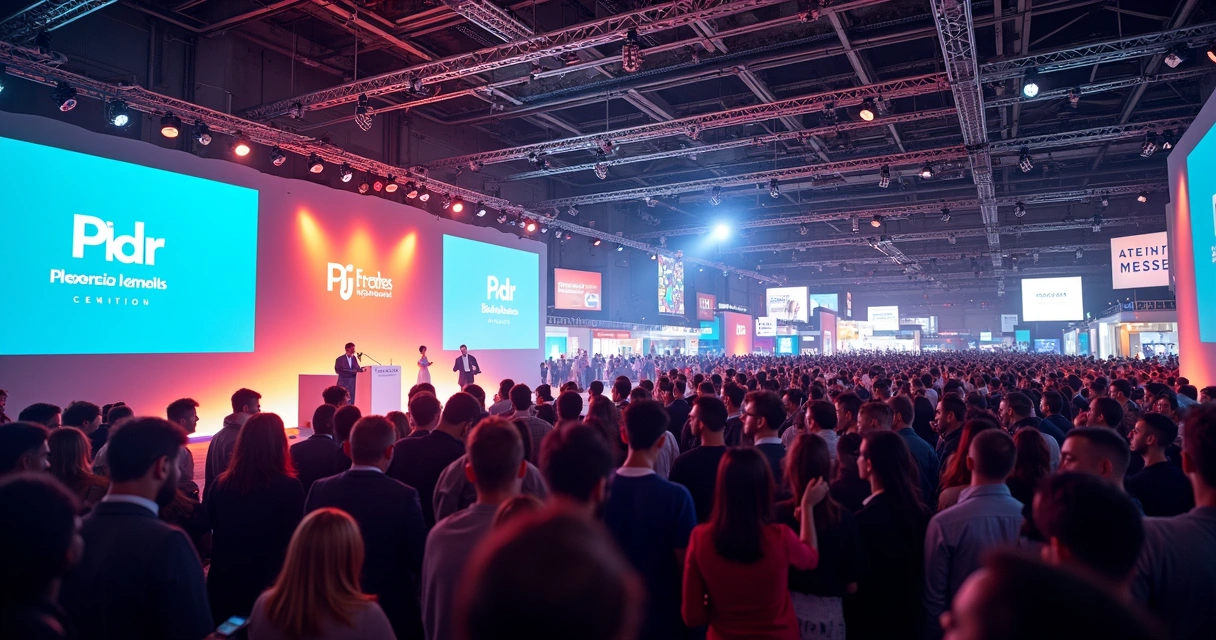 Público interagindo em uma arena de palestras com telão e expositores no fundo 
