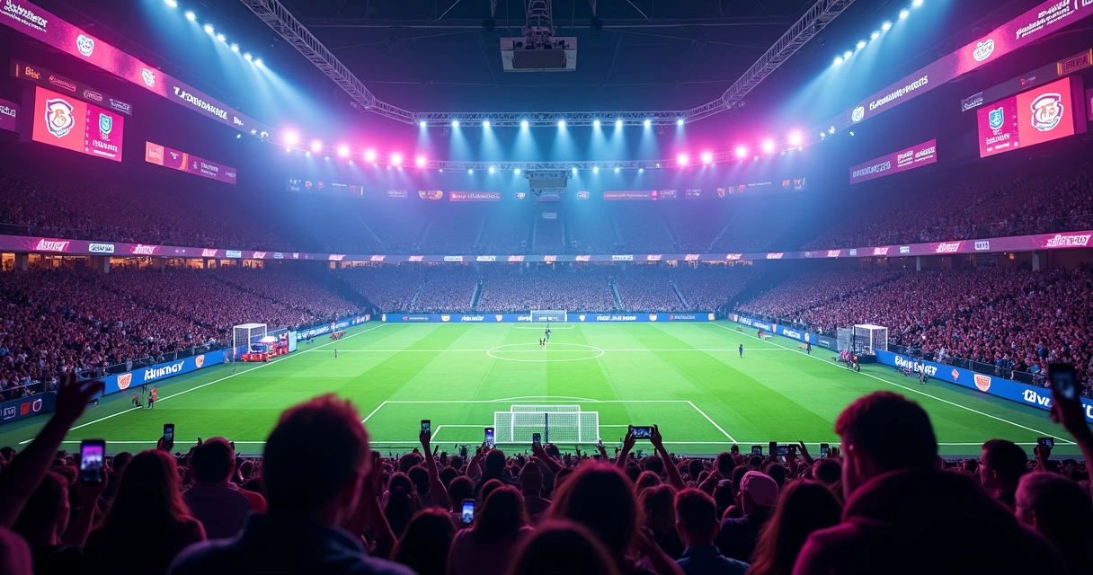 Campo de futebol reduzido com telões e dado gigante em arena estilo show 