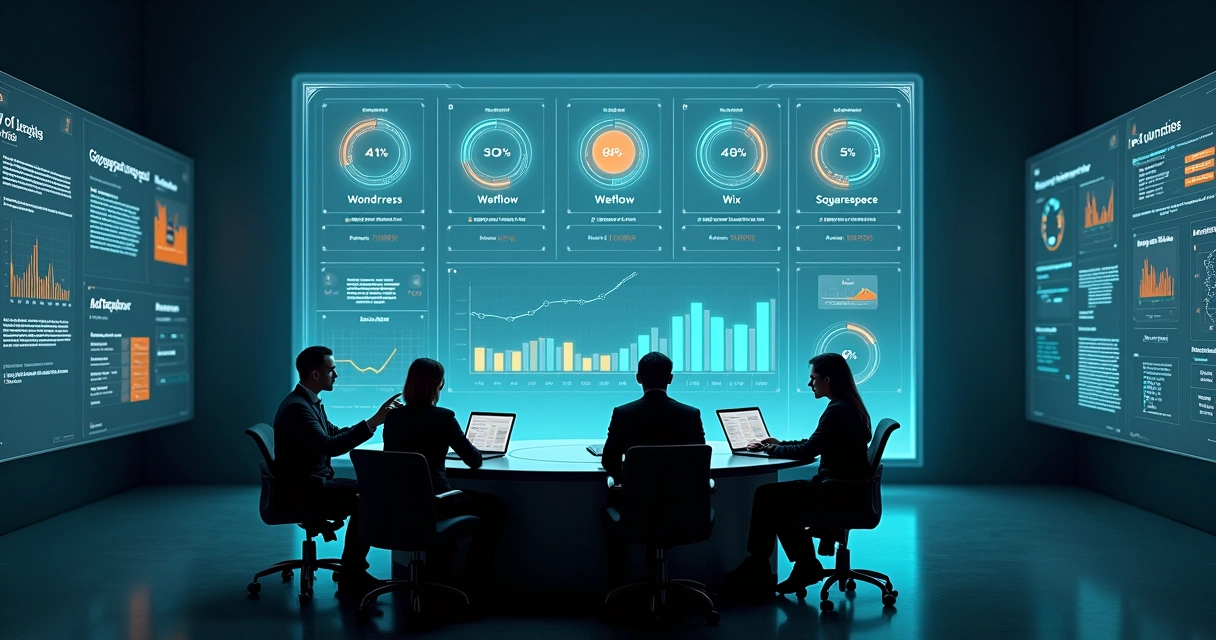 Comparação visual de plataformas de blog focadas em SEO em grande tela holográfica 