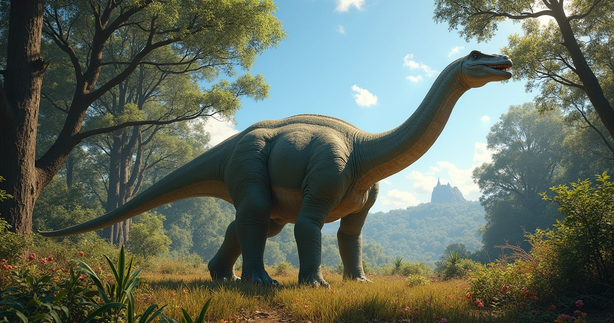 Dinossauro Argentinossauro se alimentando de folhas altas em uma floresta pré-histórica.