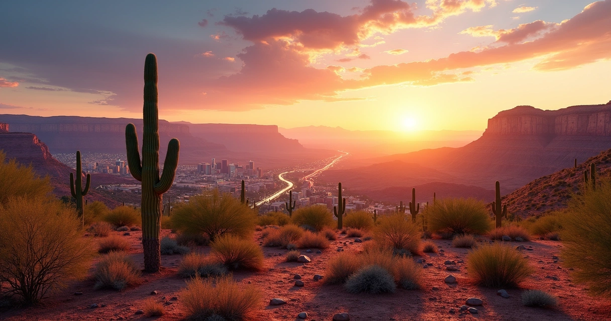 Arizona desert sunset with layered panoramas of Phoenix skyline, Grand Canyon and red rock cliffs